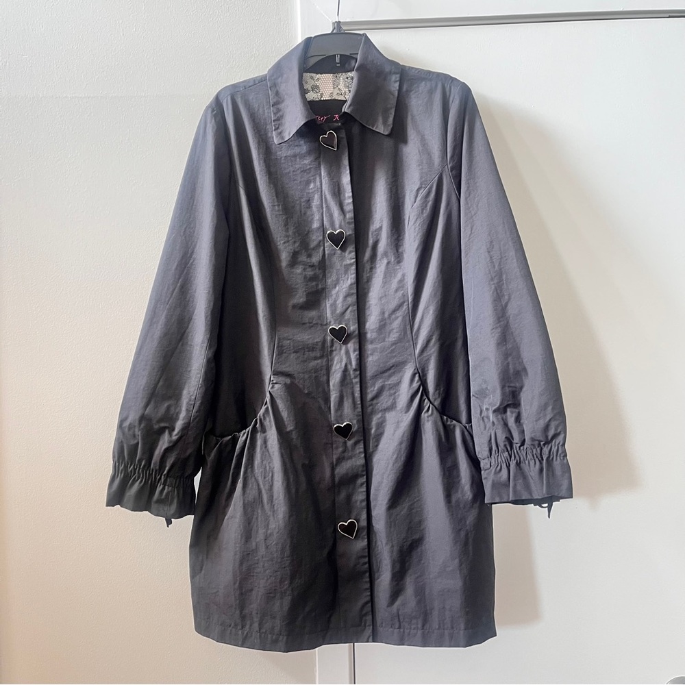 Betsey Johnson Black Trench Coat with Heart Buttons - Picture 9 of 13